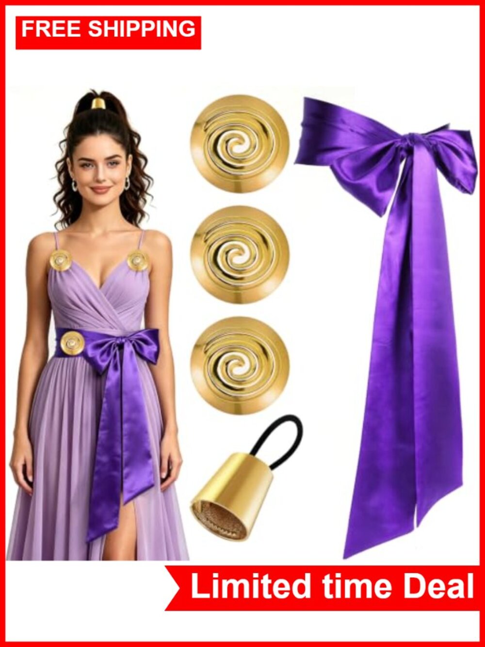 Greek Goddess Costume Accessory Set Purple Sash Gold Spiral Pins